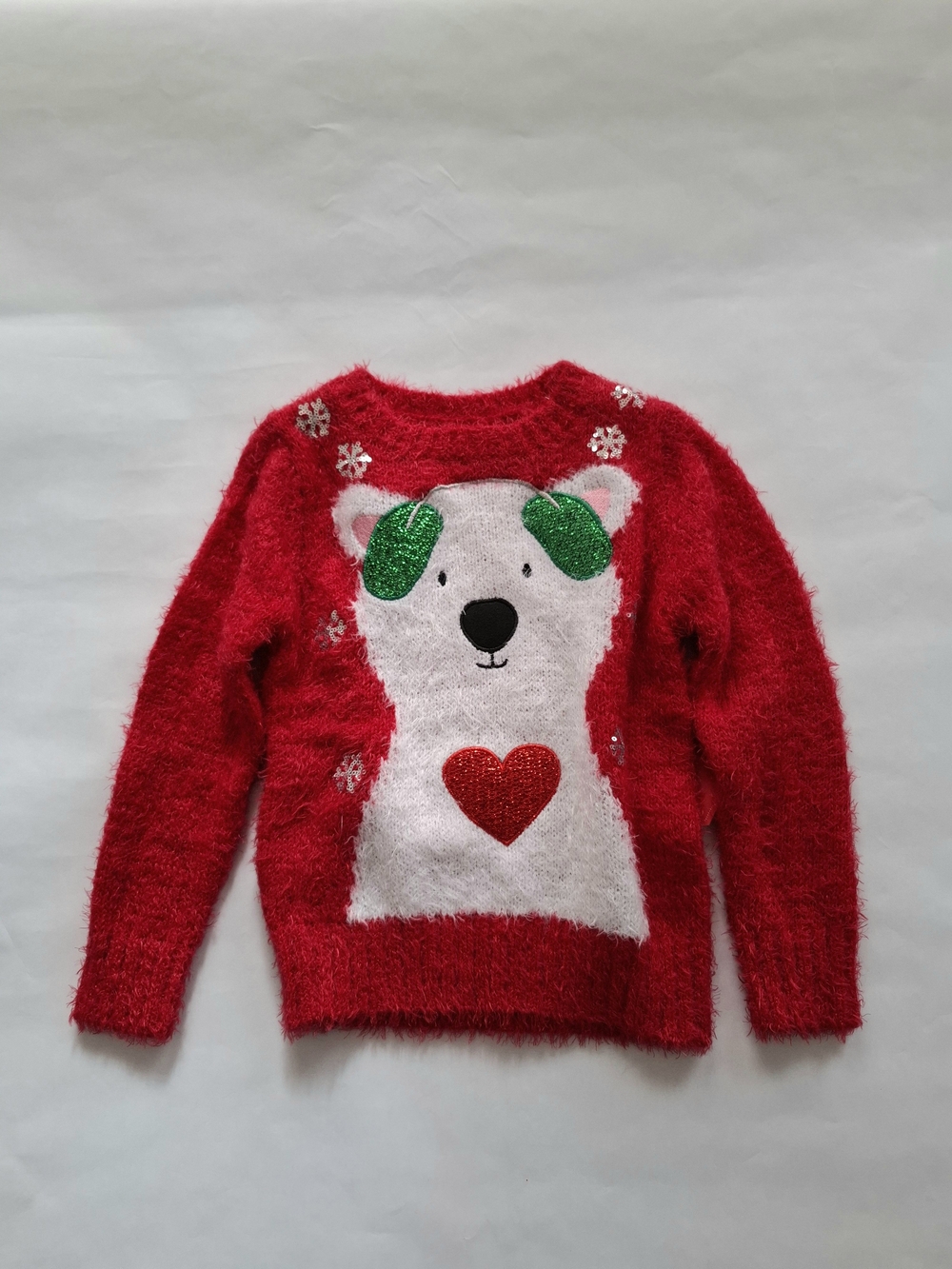 Kids Red Fuzzy Polar Bear Heart Sweater SZ 4
